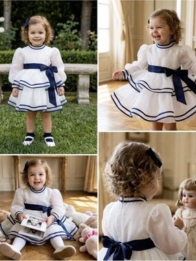 Christian Dior Girls 2T A-Line Dress White Navy Organza Puff Sleeve Bow Pleated